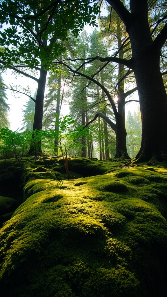 Lush green moss covering ground in a shaded forest area, with tall trees in the background.