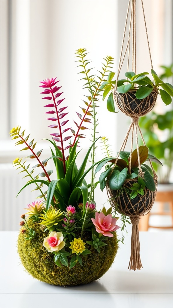 A hanging Japanese moss ball planter with green plants and pink flowers.