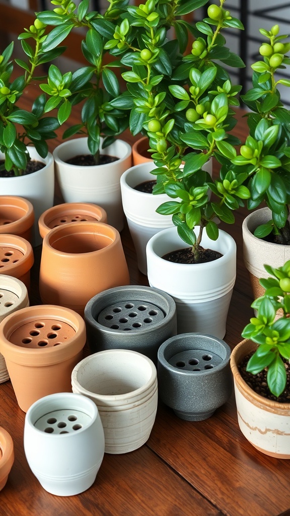 Various pots for jade plants with visible drainage holes