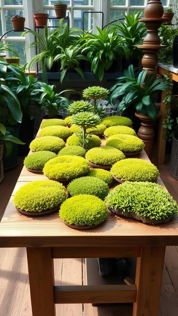 A table with various types of green moss arranged in round shapes, surrounded by other indoor plants