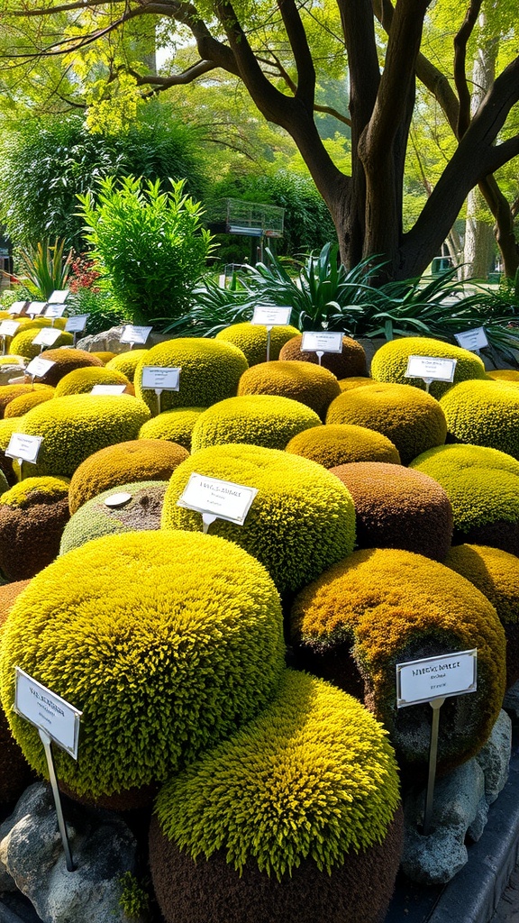 Various types of moss in a garden display, showcasing different colors and textures under a tree.