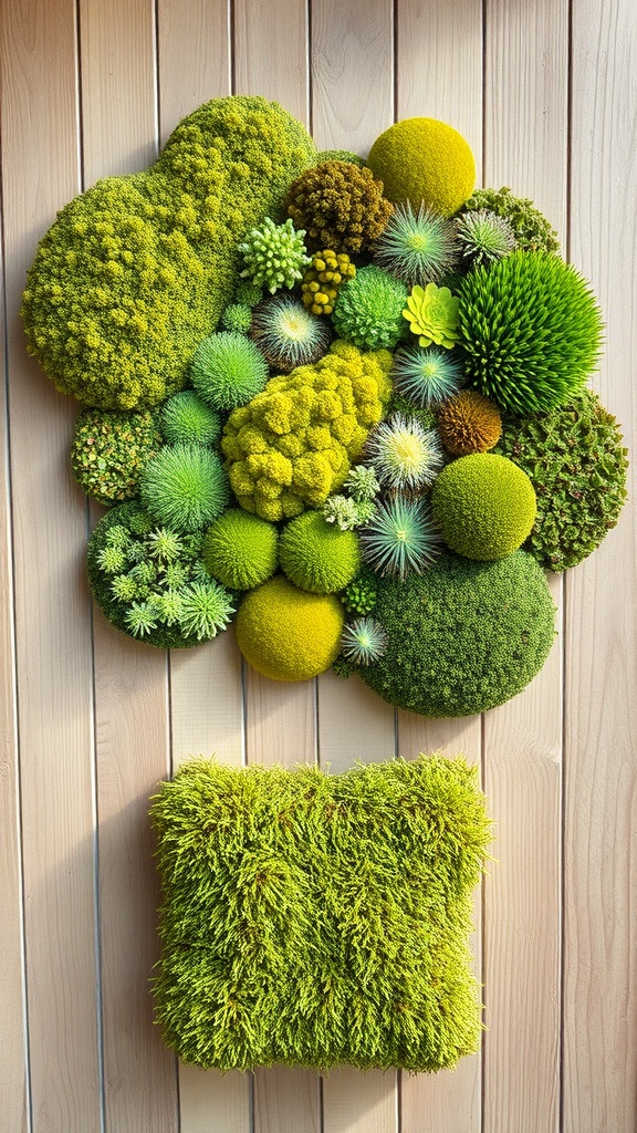 Colorful moss wall art with various textures and shapes