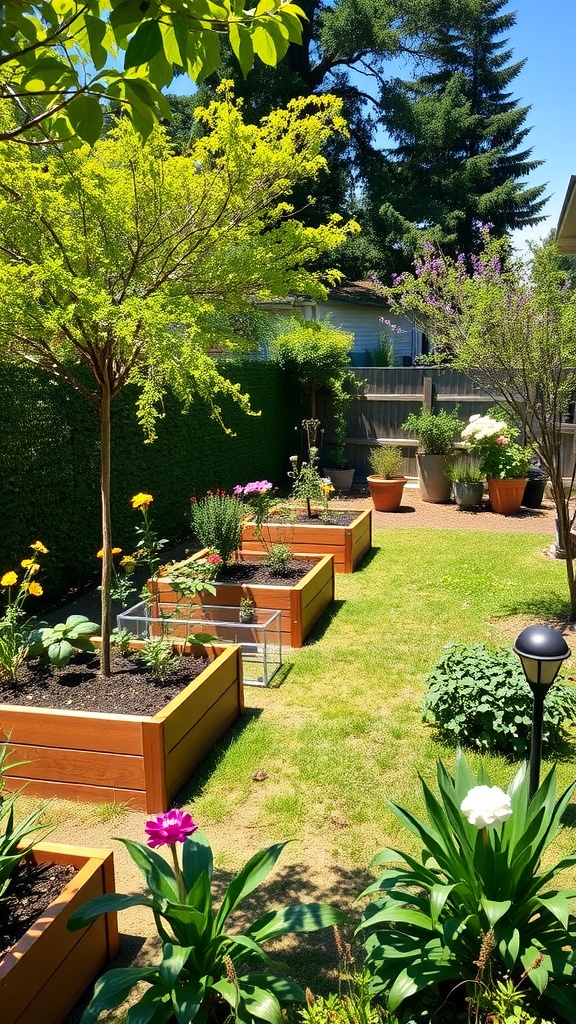 Raised flower beds arranged along a fence in a sunny garden