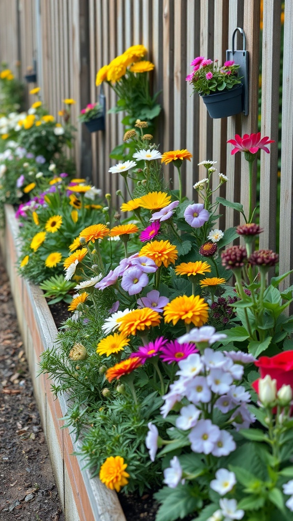 Vibrant raised flower beds along a wooden fence with various colorful flowers.