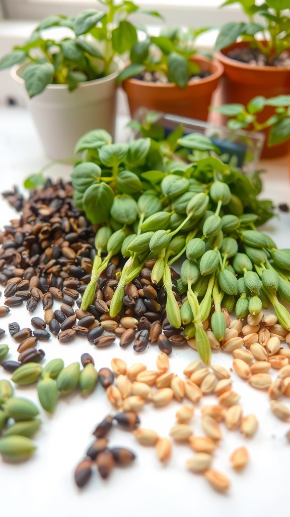 Various seed packets for flowers and vegetables scattered on a surface.