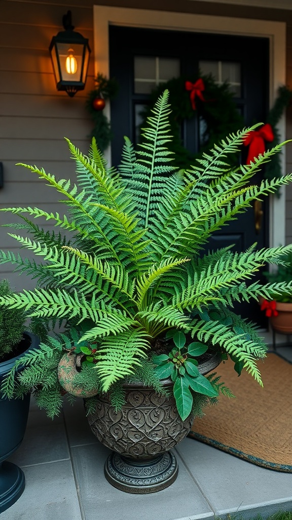 Christmas Fern in an ornate pot on a front porch