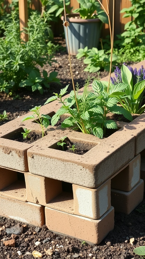 A close-up of a cinder block garden with various plants growing in the holes.