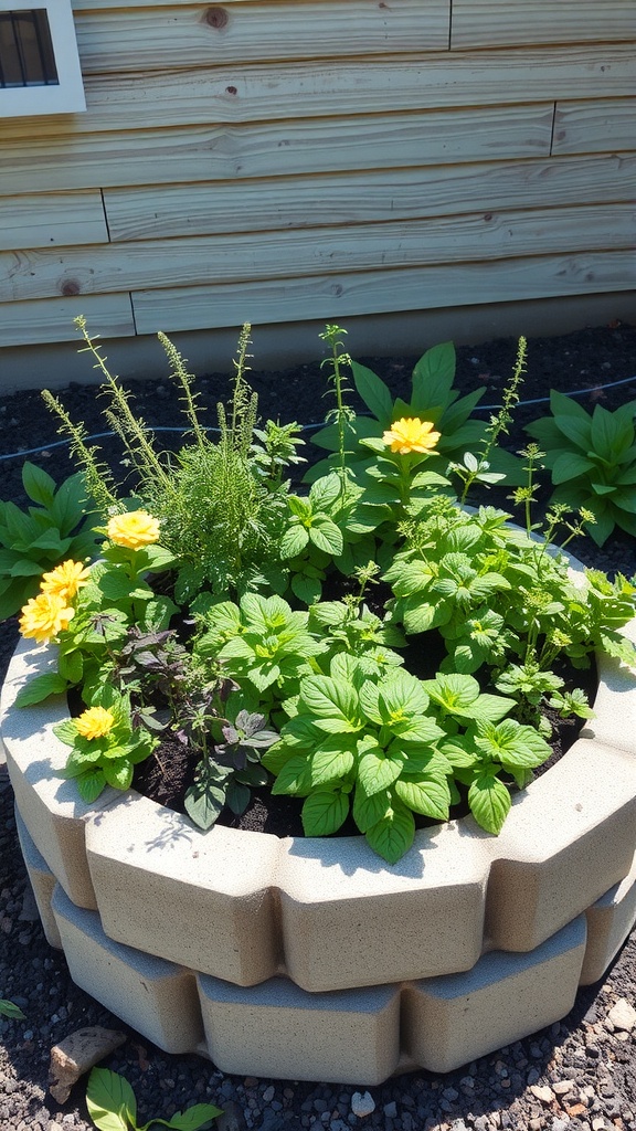 Cinder block herb spiral filled with various herbs and yellow flowers.