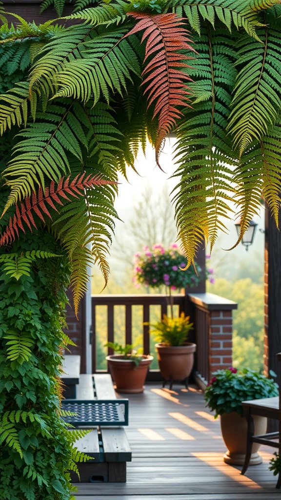 Cinnamon Fern with vibrant fronds on a sunny front porch