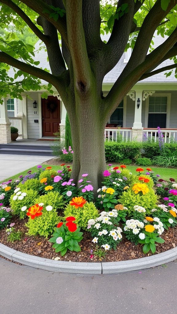 A circular flower bed around a tree featuring colorful flowers and decorative pots.