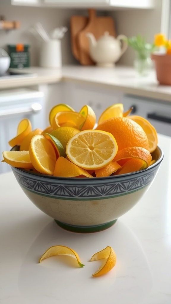 A bowl of citrus peels surrounded by fly repellents in a kitchen setting.