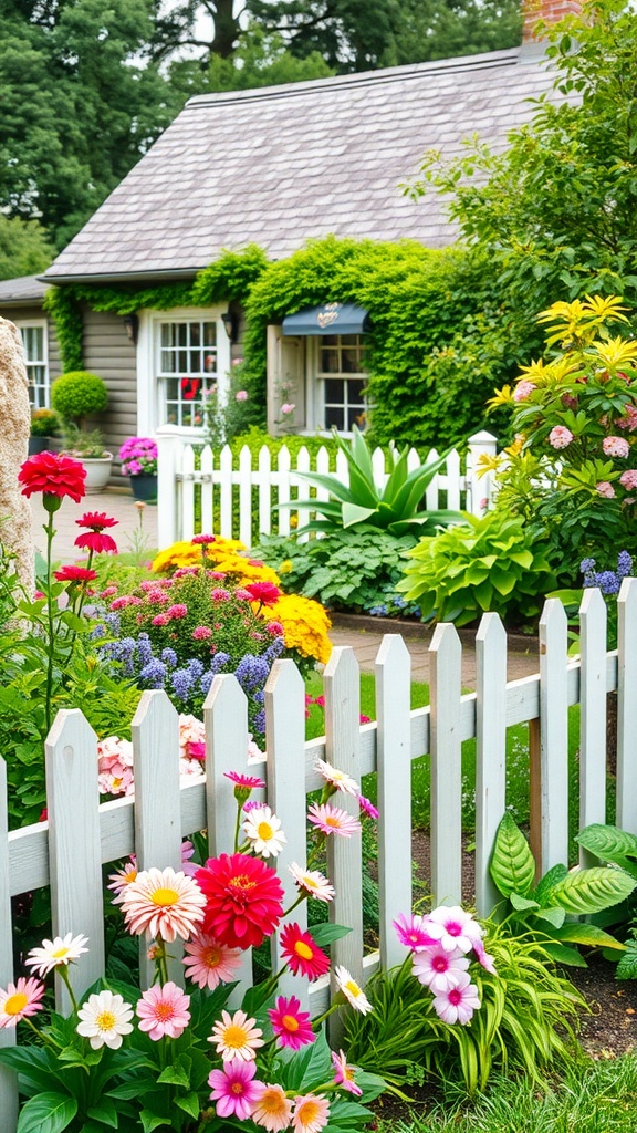 A classic cottage garden with colorful flower beds in front of a house and a white picket fence.