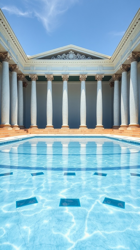 A Classic Roman style pool with marble steps and grand columns.