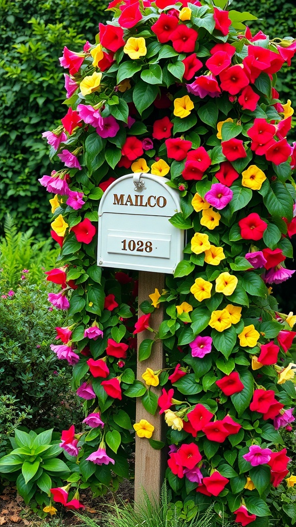 A mailbox covered in colorful climbing flowers, showcasing bright hues of red, yellow, and pink, surrounded by lush green foliage.