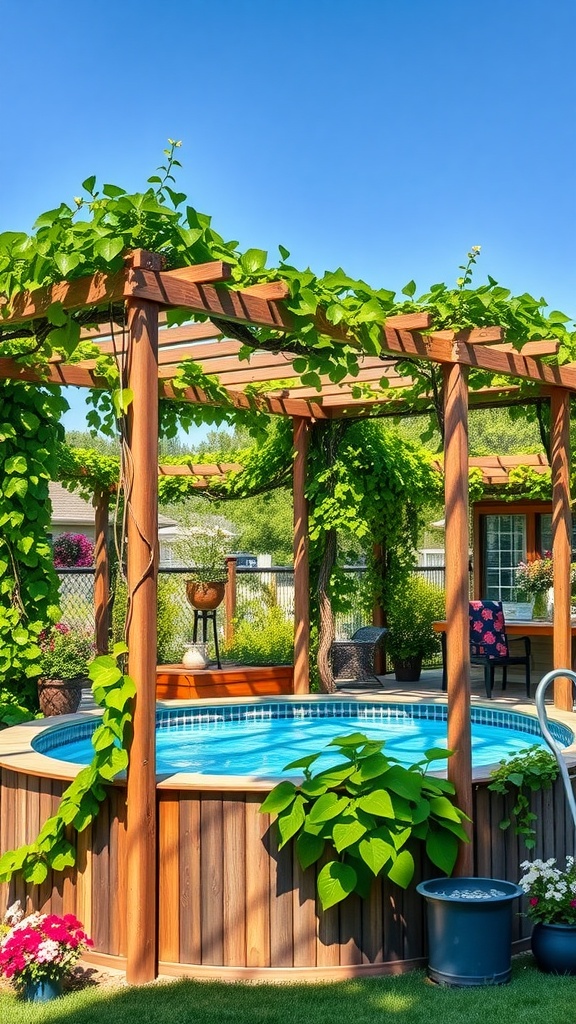 Beautifully landscaped above ground pool area with climbing vines on a wooden trellis