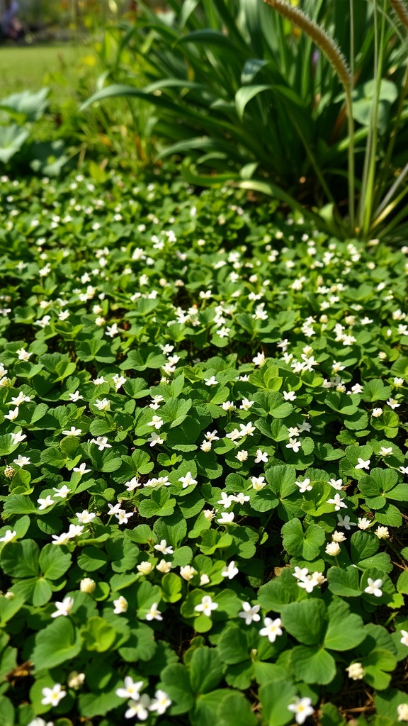 A lush green ground cover of microclover with small white flowers, surrounded by greenery.