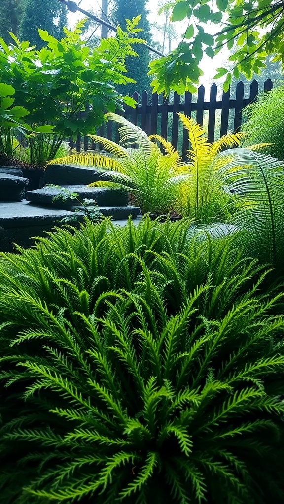 A lush arrangement of club moss and ferns in a garden setting.