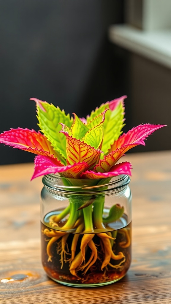 A vibrant Coleus plant in a jar of water with visible roots.