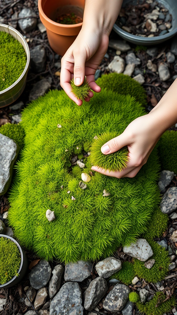 Hands breaking healthy green moss into small pieces for planting