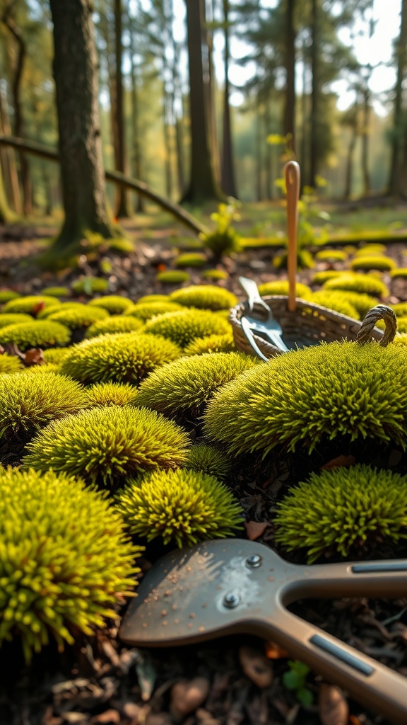 Lush green moss in a forest with a hand tool and basket.