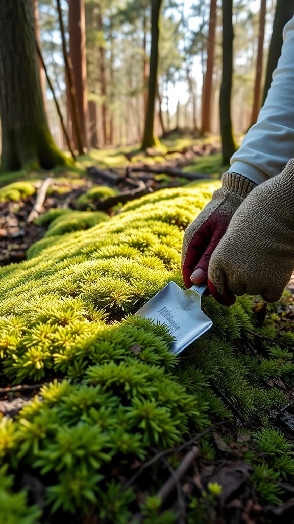 A person gently lifting moss with a trowel in a forest setting, surrounded by trees.