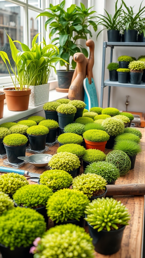 A collection of healthy moss plants in pots, ready for propagation.