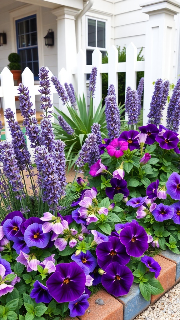 Purple-themed flower bed with pansies and lavender in front of a house