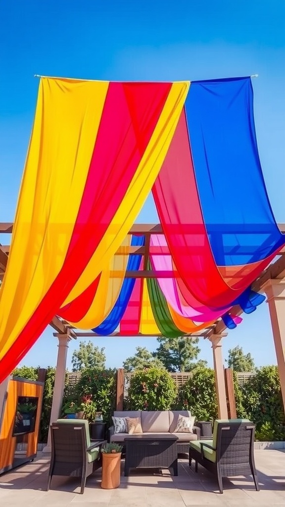 Colorful fabric canopy over a patio pergola with seating area