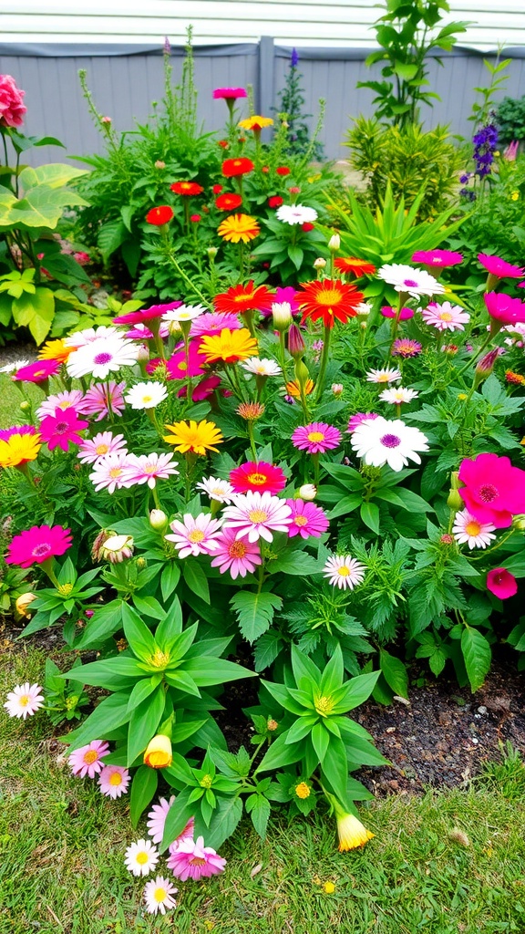 A vibrant flower border with a variety of colorful flowers in a backyard setting.