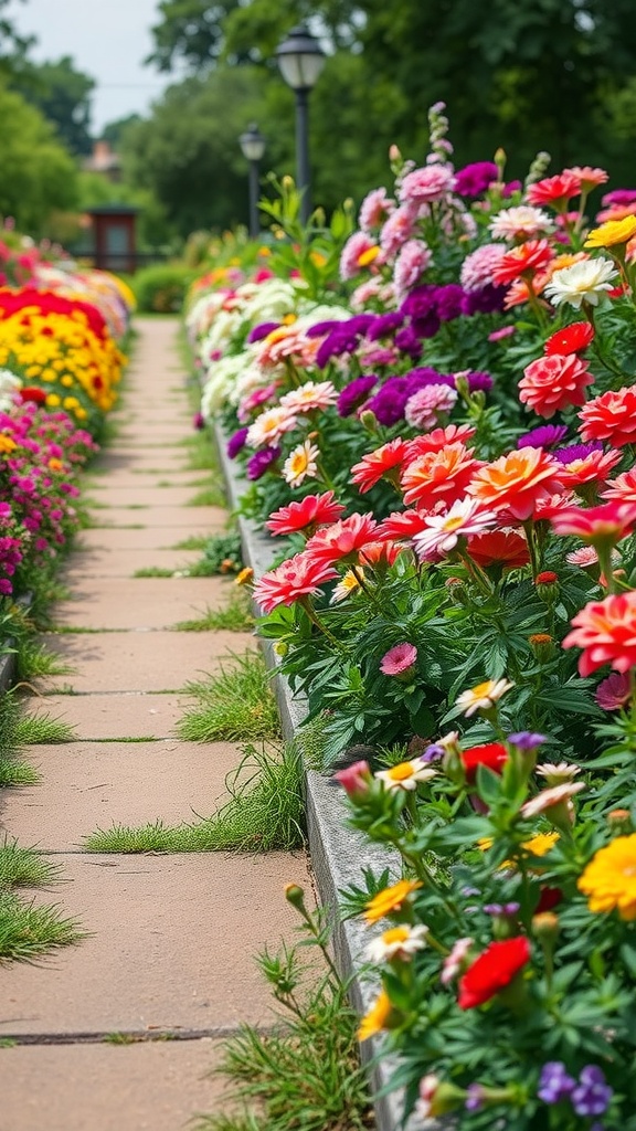 A colorful flower border surrounding a stone pathway in a garden.