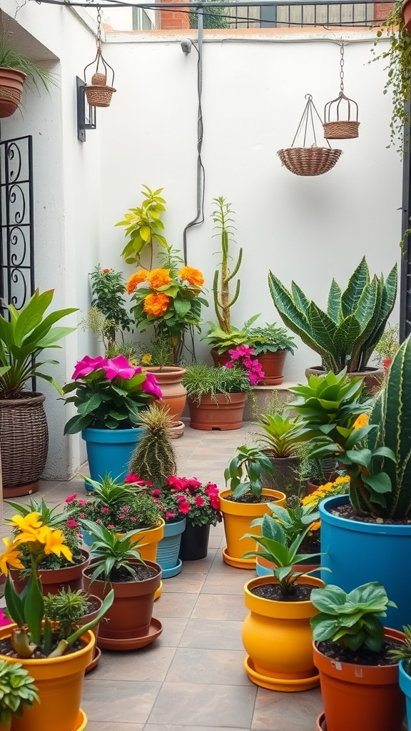 A patio filled with colorful potted plants, creating a vibrant and inviting atmosphere.