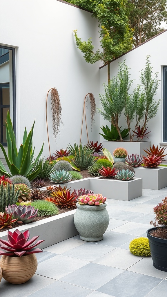 Colorful succulent landscape design in a modern minimalist patio setting.