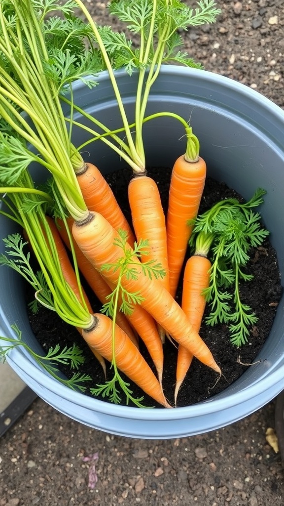 A bucket filled with vibrant orange carrots and their green tops growing in soil