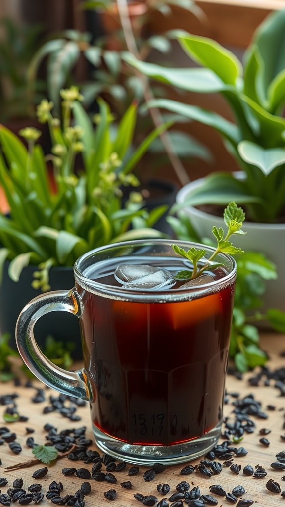 A glass of compost tea surrounded by indoor plants