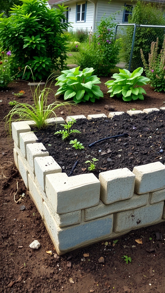 Raised garden bed made from concrete blocks with soil and plants