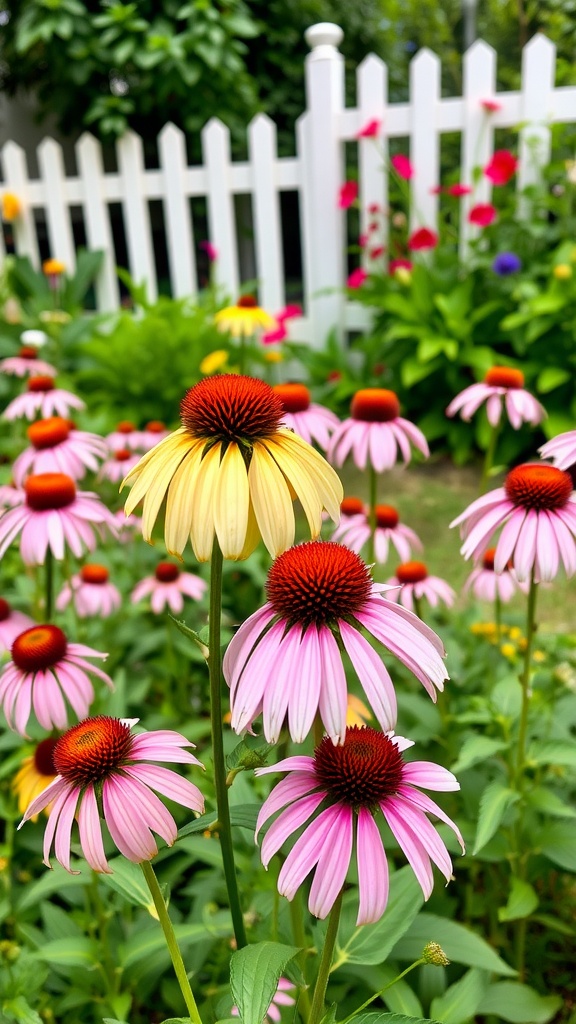 Colorful coneflowers in a garden with a white picket fence