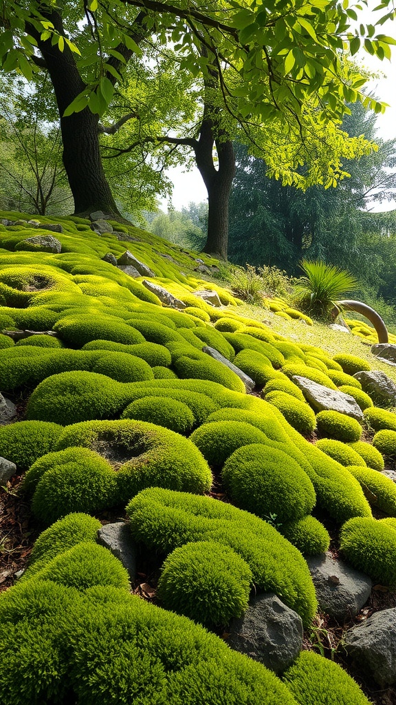 A lush green moss lawn with rounded mounds of moss under trees