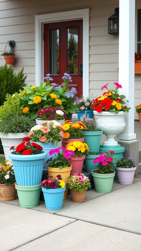 Colorful flower pots and planters arranged in front of a house, featuring a variety of flowers.