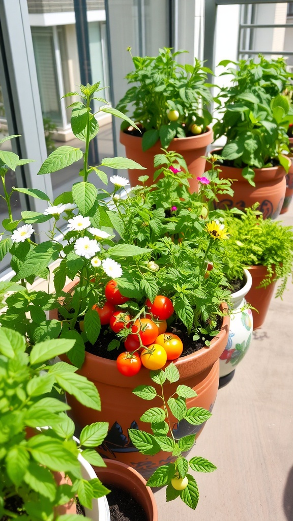 A vibrant container garden featuring ripe tomatoes and various pots on a sunny day.