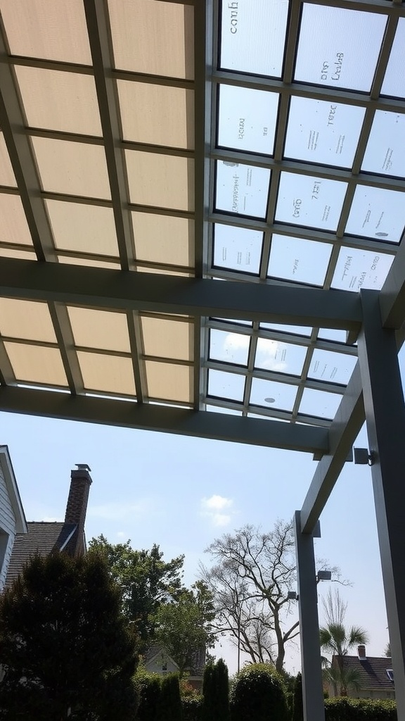 A contemporary pergola with glass roof panels showcasing a view of the sky.