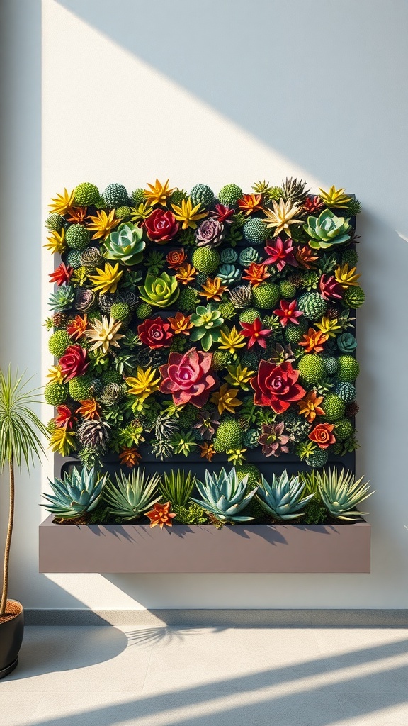 A contemporary vertical succulent wall featuring colorful succulents and sleek planters for landscaping.