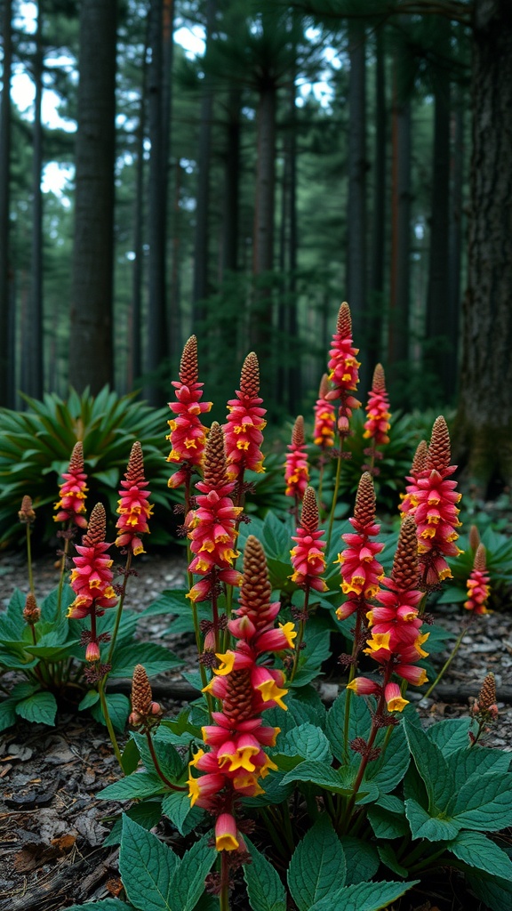 Colorful coral bells flowers blooming under pine trees in a shaded forest.