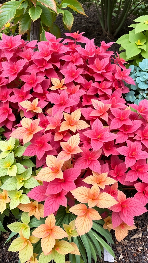 Vibrant Coral Bells with pink and peach leaves in a lush garden setting.