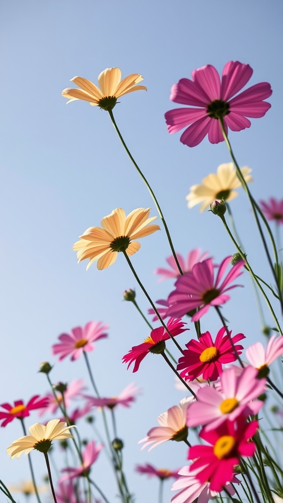 A field of colorful cosmos flowers with pink and yellow blooms against a clear blue sky