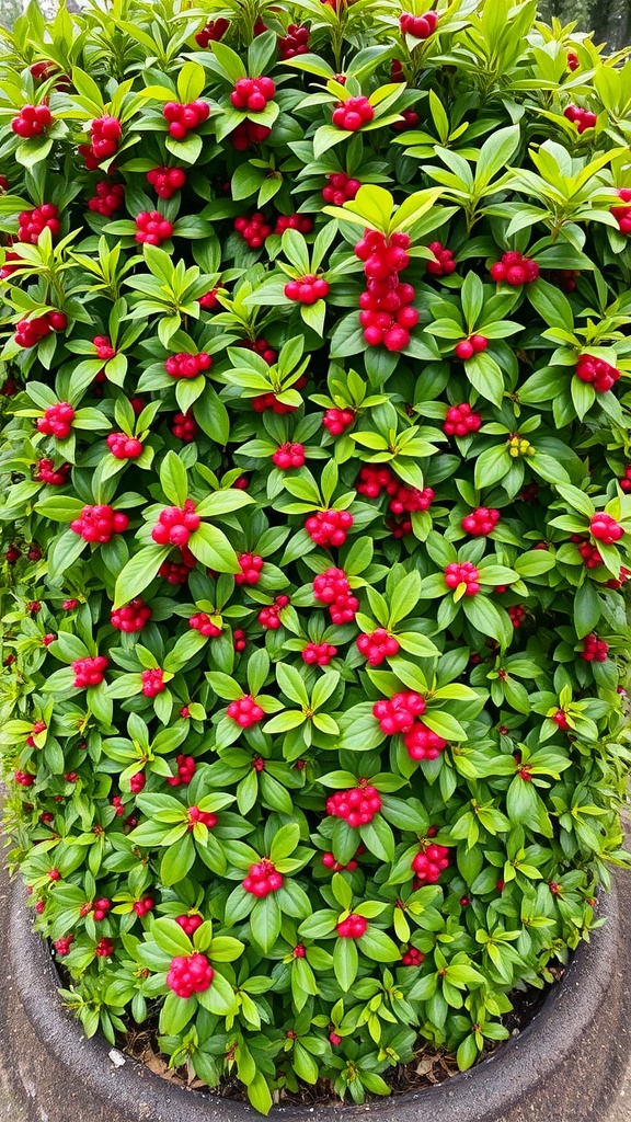 A lush green Cotoneaster shrub with red berries.