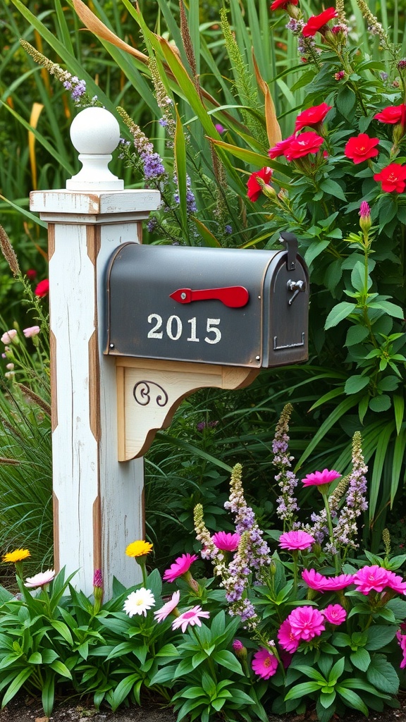 A country-style mailbox surrounded by colorful flowers, showcasing a rustic wooden post and bright blooms.