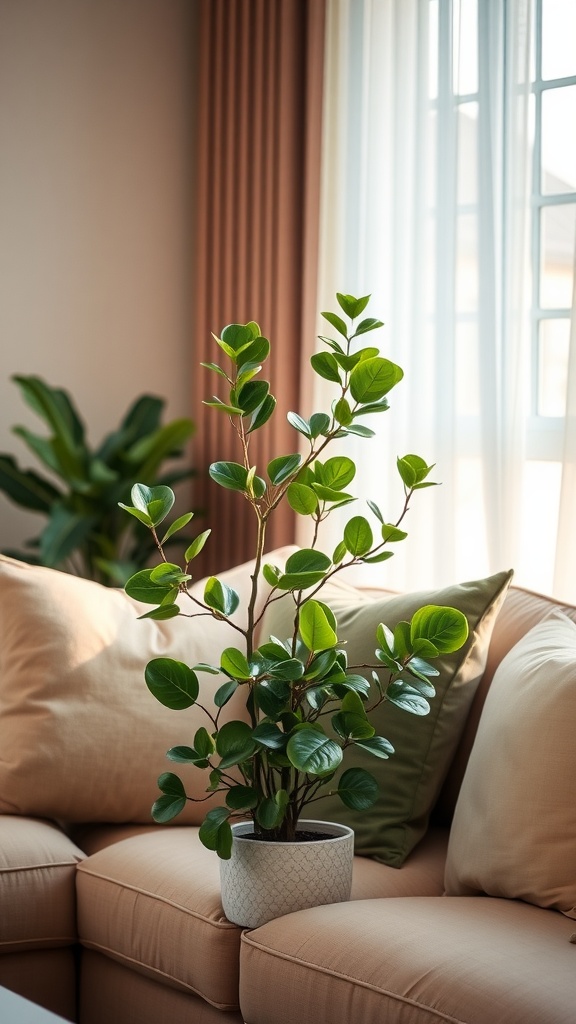 A jade plant in a stylish pot next to a comfortable sofa in a well-lit room.