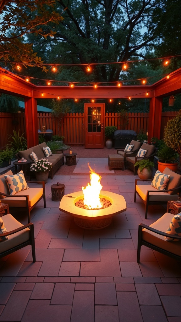 Cozy outdoor seating arrangement around a fire pit with string lights.