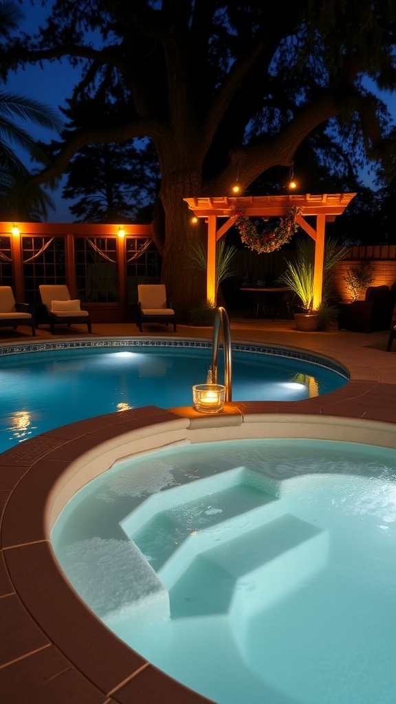 A cozy hot tub next to a sparkling pool, illuminated by soft lighting at night.