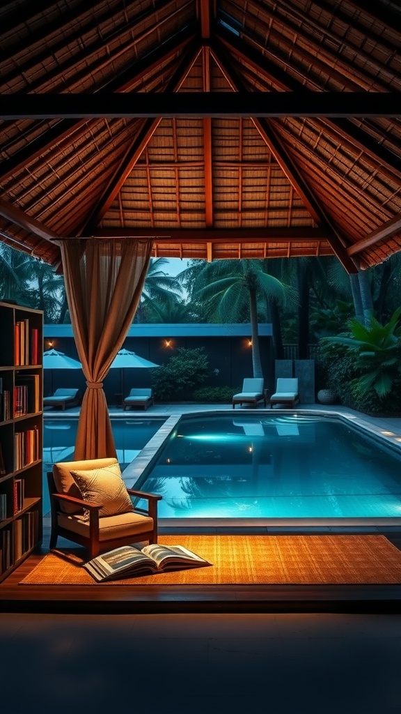 A cozy reading nook cabana with a chair, bookshelves, and a view of a swimming pool